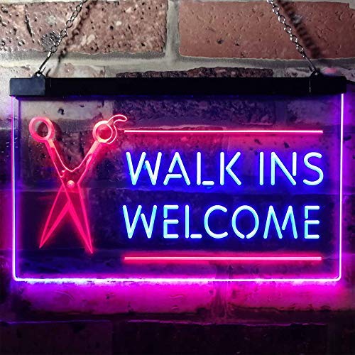 Barber Salon Hair Cuts Walk Ins Welcome Dual LED Neon Light Sign